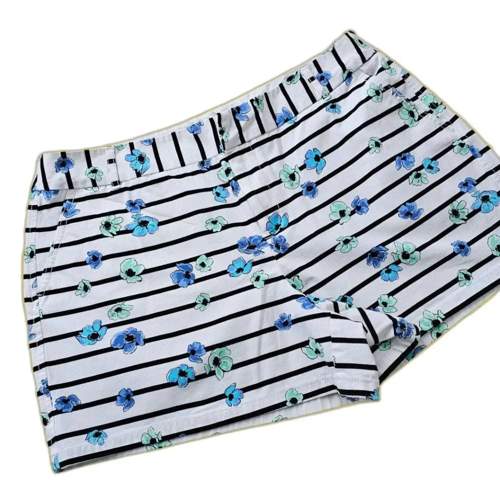 Elle Venice White Shorts Blue Flowers Striped floral preppy chino shorts Size 16 - Picture 1 of 13